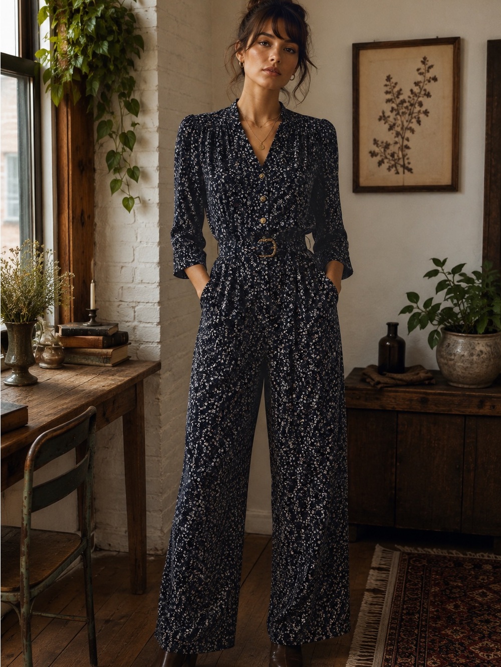 Unique Vintage S.L. Petites 12P Dark Navy Floral Jumpsuit Belted EUC ✨ Boho Rare